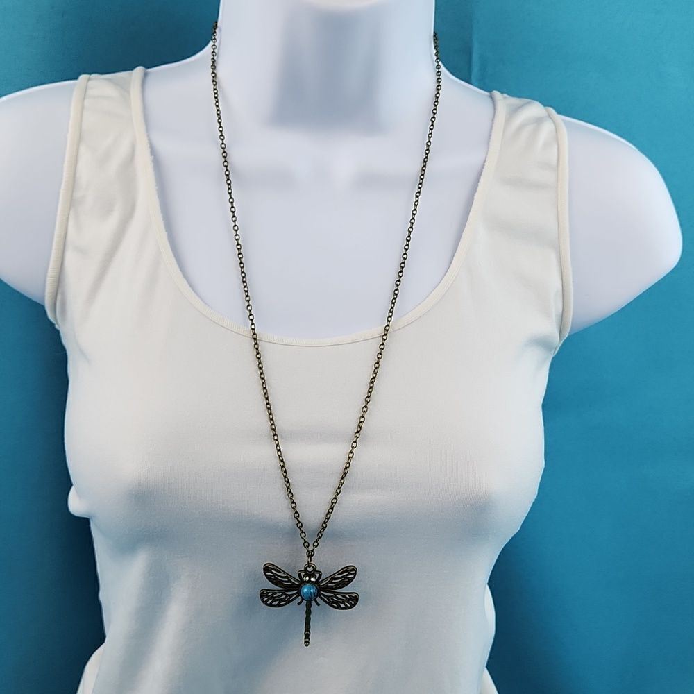 🔹️NWOT Bronze & Turquoise Dragonfly Pendant Necklace